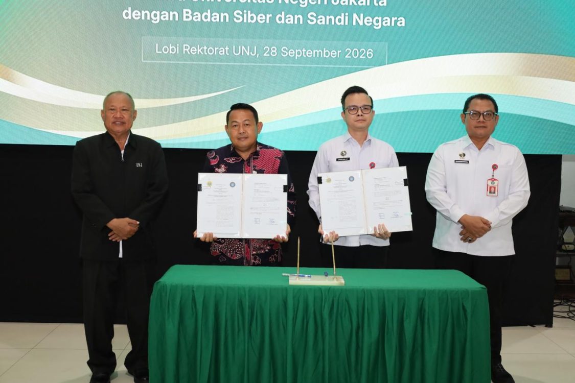 : BSSN bersama UNJ resmi menjalin sinergi penguatan keamanan siber dan transformasi digital kampus melalui penandatanganan MoU dan PKS di Gedung Rektorat UNJ, Senin (28/9/2026).