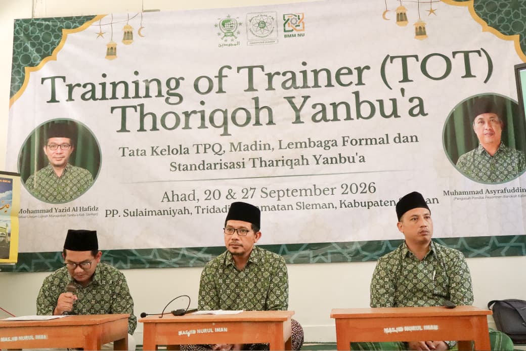 : LMY Sleman menggelar TOT Thoriqoh Yanbu’a untuk memperkuat tata kelola pendidikan Al-Qur'an sekaligus menanamkan nilai-nilai toleransi dan keberagaman sejak dini di Pondok Pesantren Sulaimaniyah, Sleman, Minggu (20/9/2026).
