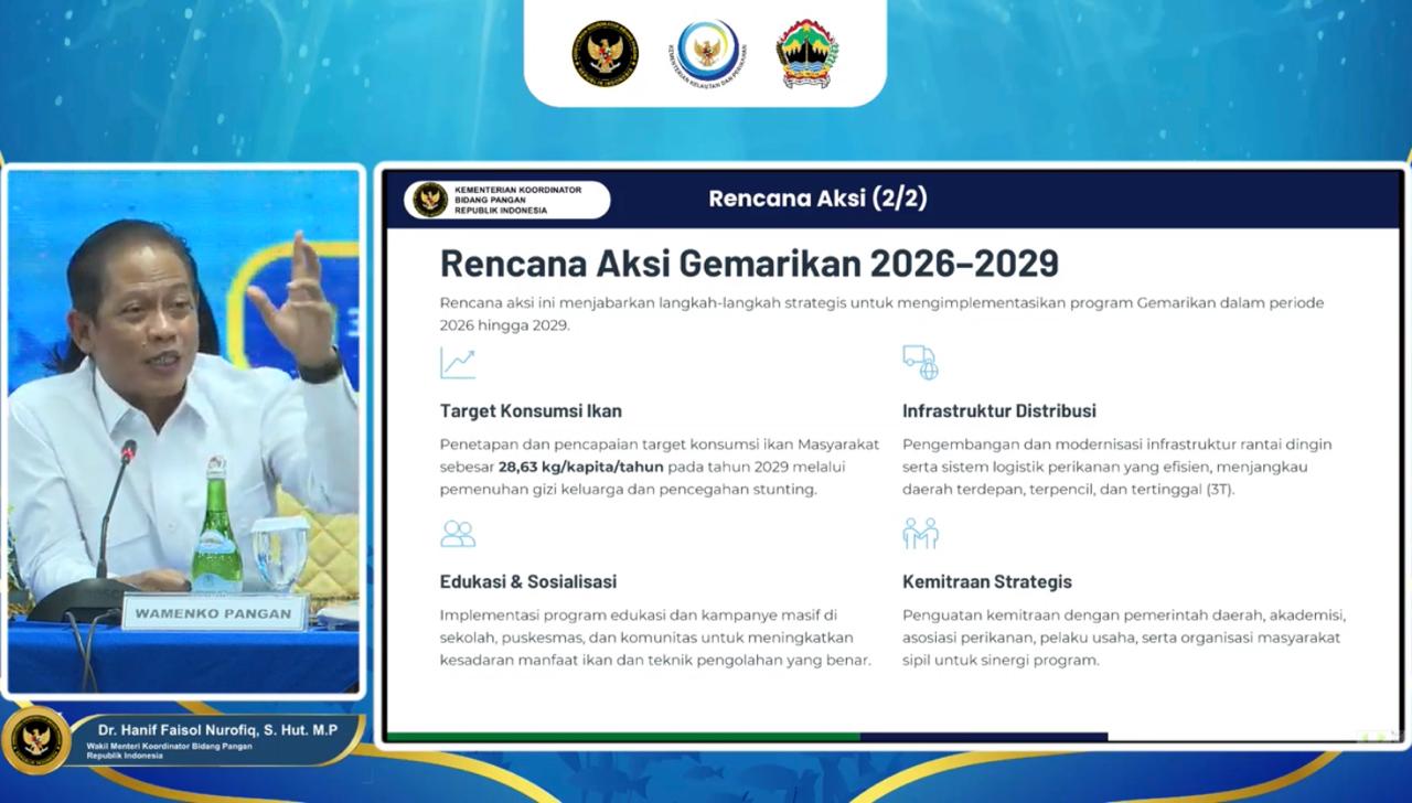 : Wakil Menteri Koordinator Bidang Pangan Hanif Faisol Nurofiq dalam Sosialisasi Perpres Nomor 74 Tahun 2026 tentang Gemarikan di Jawa Tengah, Rabu (30/9/2026). (Foto: Pasha Yudha Ernowo Infopublik/Igid/Youtube KKP)