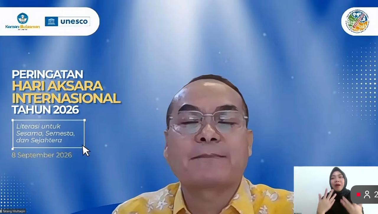 : Direktur Jenderal Pendidikan Vokasi, Pendidikan Khusus, dan Pendidikan Layanan Khusus Kementerian Pendidikan Dasar dan Menengah (Kemendikdasmen) Tatang Muttaqin dalam Peringatan Hari Aksara Internasional 2026 bertema “Literasi untuk Sesama, Semesta, dan Sejahtera” (Foto: Pasha Yudha Ernowo Infopublik/Igid/Youtube Kemendikdasmen)