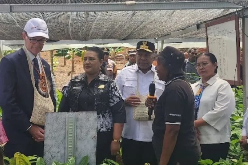 : Duta Besar Inggris untuk Indonesia, Dominic Jermey bersama Wakil Gubernur Papua Aryoko Rumaropen saat berbincang-bincang dengan petani kakao di Kampung Nambon, Distrik Kemtuk, Kabupaten Jayapura, Rabu (9/9/2026). (ANTARA/HO- Kedubes Inggris di Indonesia)