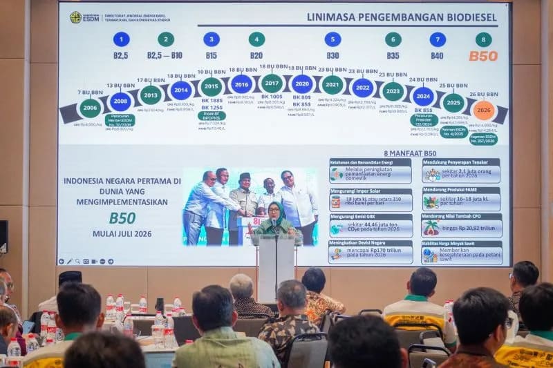 : Direktur Jenderal Energi Baru, Terbarukan, dan Konservasi Energi (EBTKE) Kementerian ESDM Eniya Listiani Dewi memaparkan implementasi biodiesel 50 persen (B50) dalam Sosialisasi Aspek Teknis Implementasi B50 Sektor Otomotif, di Tangerang Selatan, Banten, Selasa (15/9/2026). ANTARA/HO-Kementerian ESDM