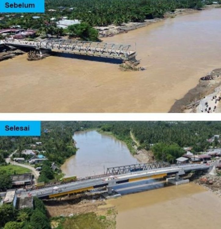 : Kementerian Pekerjaan Umum (PU) melalui Balai Pelaksanaan Jalan Nasional (BPJN) Aceh menyelesaikan penanganan tiga jembatan terdampak banjir bandang di Provinsi Aceh, yakni Jembatan Krueng Meureudu di Kabupaten Pidie Jaya, Krueng Tingkeum di Kabupaten Bireun, dan Ulee Langa di Kabupaten Aceh Utara. (Foto: Humas KemenPU)