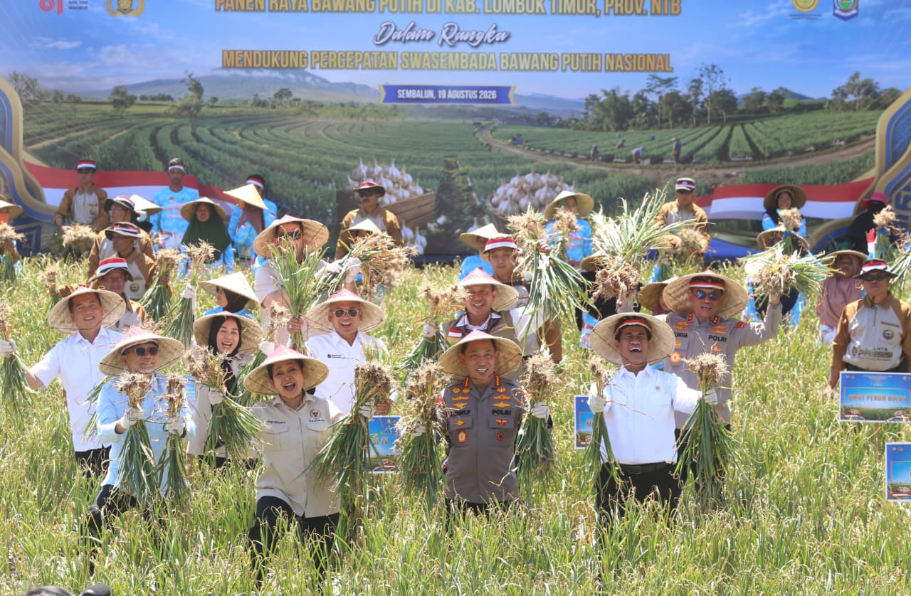 : Panen raya bawang putih di Kecamatan Sembalun Bumbung, Lombok Timur, Nusa Tenggara Barat (NTB), yang dihadiri Menteri Koordinator Bidang Pangan Zulkifli Hasan, Menteri Pertanian Andi Amran Sulaiman, Kapolri Jmendral Polisi Listyo Sigit, serta Ketua Komisi IV DPR RI Siti Hediati Suharto, Rabu (19/8/2026). (Dok. Kemenko Pangan)