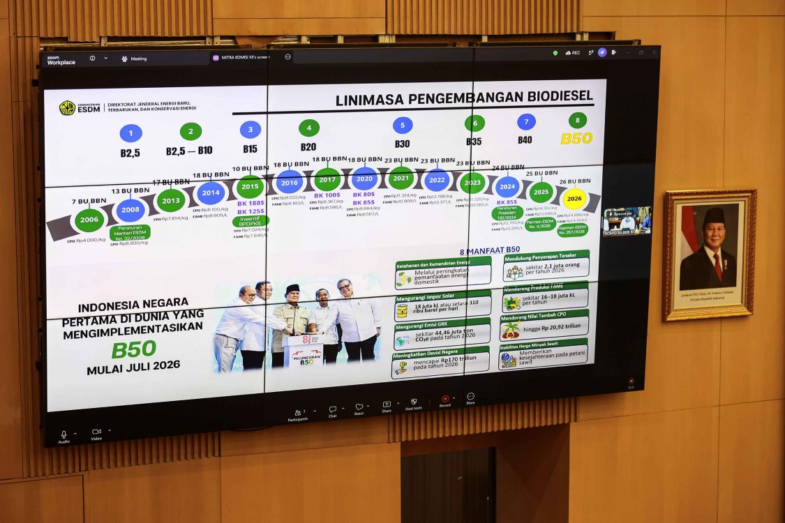 : Layar menampilkan paparan Dirjen Energi Baru, Terbarukan, dan Konservasi Energi (EBTKE) Kementerian ESDM Eniya Listiani Dewi dalam Rapat Dengar Pendapat (RDP) dengan Komisi XII DPR di Kompleks Parlemen, Senayan, Jakarta, Selasa (8/9/2026). Rapat tersebut membahas kesiapan, realisasi distribusi B50 dan E10, kesiapan infrastruktur blending pasokan CPO terhadap harga atau ketersediaan biosolar, evaluasi kualitas produk BBM dan penguatan sistem pengendalian mutu. (ANTARA FOTO/Dhemas Reviyanto/kye)