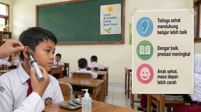 : Ilustrasi pemeriksaan telinga pada anak sekolah. (AI generated)