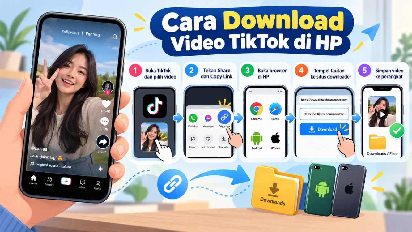 Ilustrasi cara download video TikTok di HP Android dan iPhone tanpa aplikasi tambahan