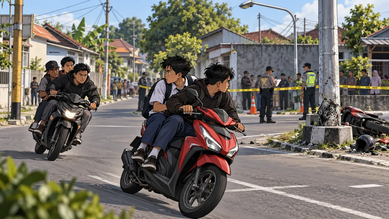 Ilustrasi kartun kecelakaan maut yang menewaskan seorang pelajar di kawasan Babadan, Wedomartani, Ngemplak, Sleman. Peristiwa bermula dari pencarian rekaman CCTV terkait dugaan penyabetan di jalan, yang berujung aksi pengejaran hingga sepeda motor terduga pelaku oleng dan menabrak tiang penerangan jalan umum (PJU). (Ilustrasi/Headline.co.id)