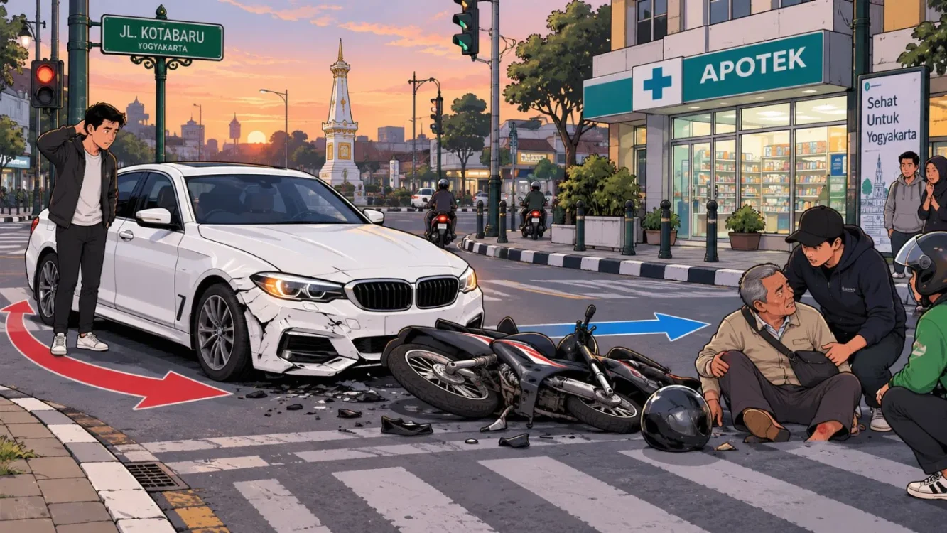 Ilustrasi kecelakaan lalu lintas antara mobil BMW putih dan sepeda motor Honda Supra di kawasan Kotabaru, Gondokusuman, Kota Yogyakarta
