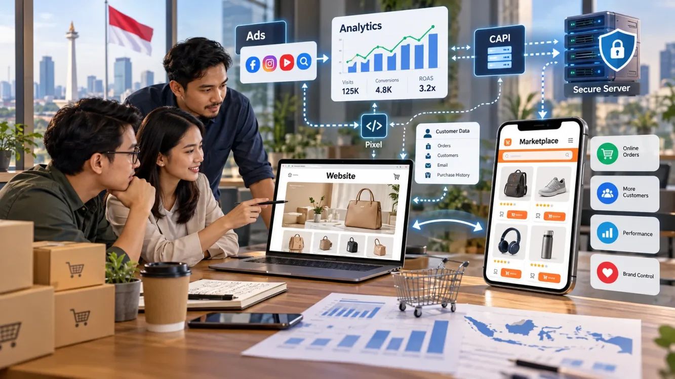 Ilustrasi pelaku usaha memanfaatkan website, marketplace, dan teknologi tracking iklan digital seperti Meta Pixel serta Conversions API (CAPI) untuk mengoptimalkan strategi pemasaran, memantau konversi, dan meningkatkan efektivitas penjualan online.