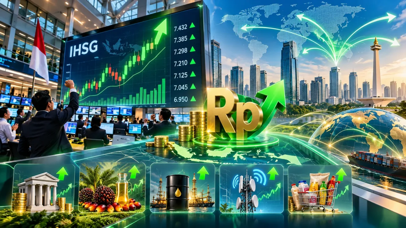 Ilustrasi penguatan Indeks Harga Saham Gabungan (IHSG) di Bursa Efek Indonesia (BEI) yang didukung sentimen positif pasar global, aliran dana investor asing, stabilitas nilai tukar rupiah, serta kinerja sektor perbankan dan komoditas.