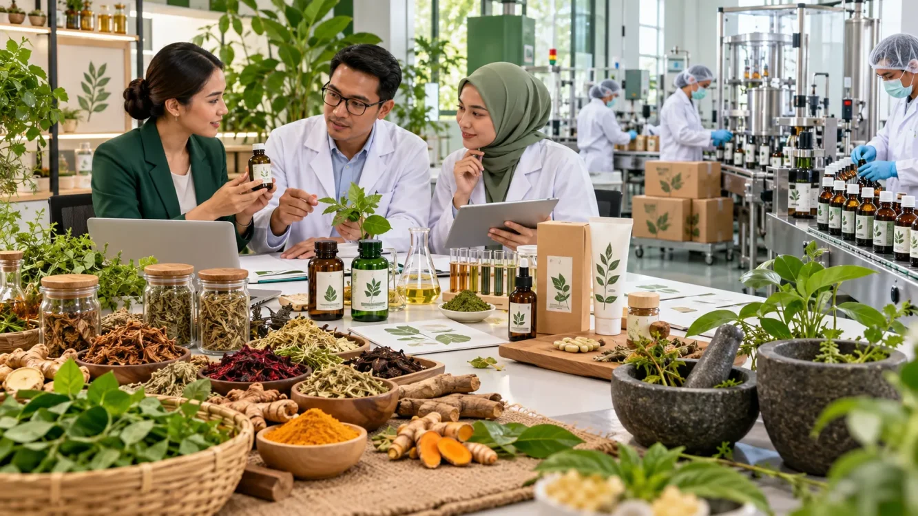 Ilustrasi proses produksi produk herbal melalui jasa maklon, mulai dari konsultasi, pemilihan bahan baku