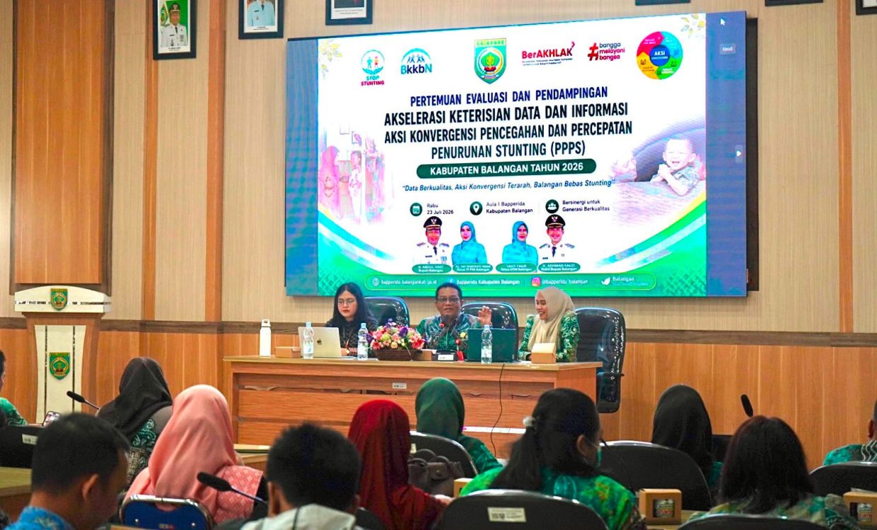 : Badan Perencanaan Pembangunan, Riset dan Inovasi Daerah (Bapperida) Kabupaten Balangan menggelar pertemuan evaluasi dan pendampingan akselerasi keterisian data dan informasi Aksi Konvergensi Pencegahan dan Percepatan Penurunan Stunting (PPPS) di Aula I Bapperida, Paringin Selatan, Kamis (23/7/2026). - Foto: Mc.Balangan