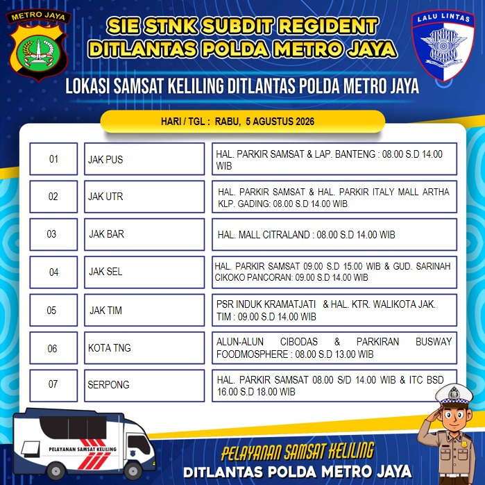 Bayar Pajak Kendaraan Lebih Dekat, Ini Lokasi Samsat Keliling Jadetabek Rabu Ini
