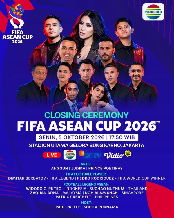 : Closing Ceremony FIFA ASEAN Cup 2026 dijadwalkan berlangsung di SUGBK, Jakarta, Senin (5/10/2026), mulai pukul 17.50 WIB. Anggun C. Sasmi, Judika, dan Prince Poetiray dijadwalkan tampil sebelum final Indonesia kontra Thailand pukul 20.00 WIB. (Foto Istimewa)