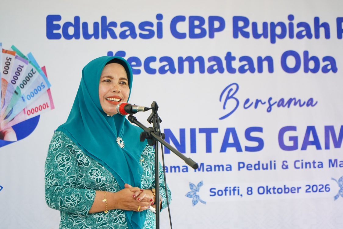 : Ketua TP PKK Kota Tidore Kepulauan, Rahmawati Muhammad Sinen hadiri Kegiatan CBP Rupiah Posyandu diselenggarakan oleh Bank Indonesia Perwakilan Maluku Utara di Aula Kantor Camat Oba Utara, Kamis (8/10/2026)/ (G.Juna)