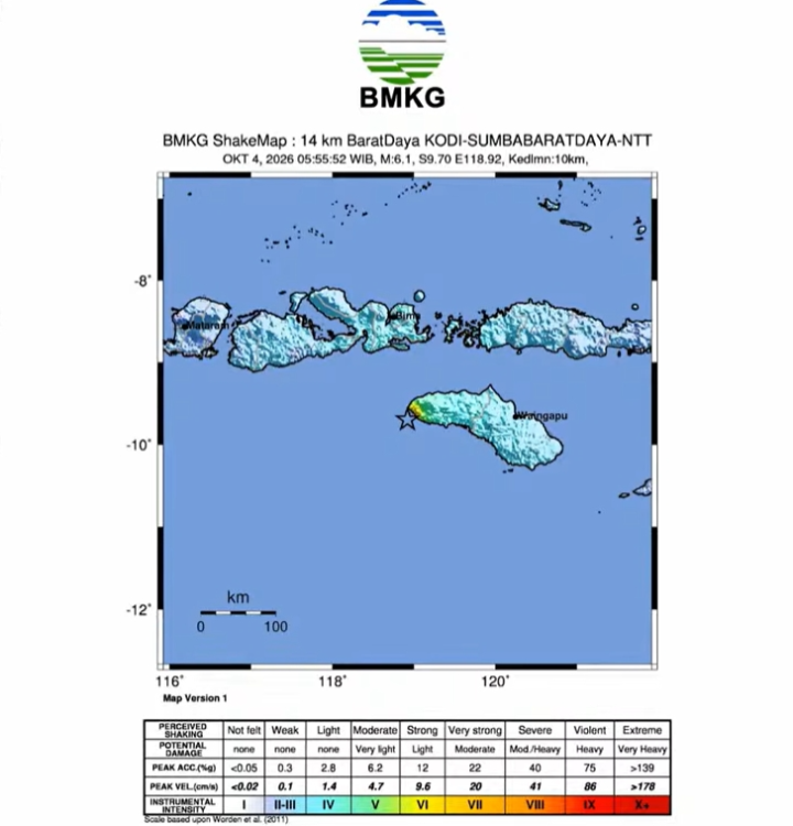 : Peta gempa (shakemap) di Sumba Barat Daya, Nusa Tenggara Timur pada Minggu (4/10/2026).