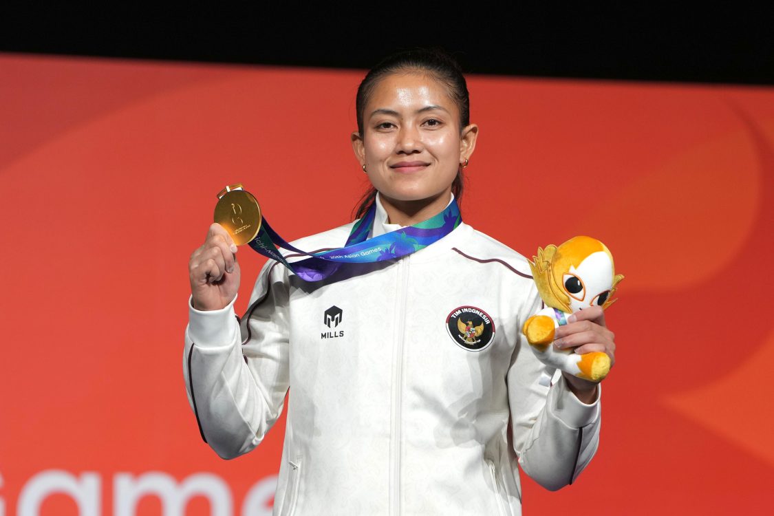 : Atlet panjat tebing Desak Made Rita Kusuma Dewi meraih emas setelah mencatatkan waktu 6,062 detik pada pertandingan di Portmesse Nagoya Exhibition Hall 1, Jepang, Rabu (30/9/2026). (Foto: Humas Kemenpora)