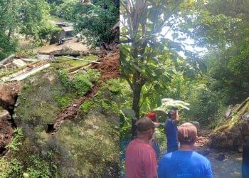Petugas bersama warga meninjau lokasi talut rumah yang longsor di Dusun Karangasem RT 04, Wukirsari, Imogiri, Bantul, Senin (16/2/2026)